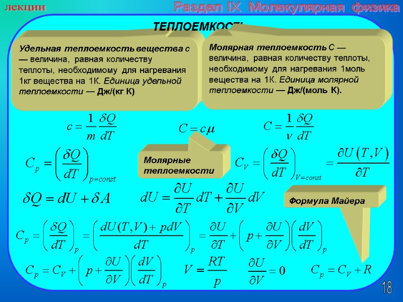 18 лекции Раздел IX  Молекулярная физика Удельная теплоемкость вещества c — величина, равная